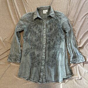 Parsley & Sage Womens Boho Embroidered Denim Cottagecore Button Up Shirt Size S